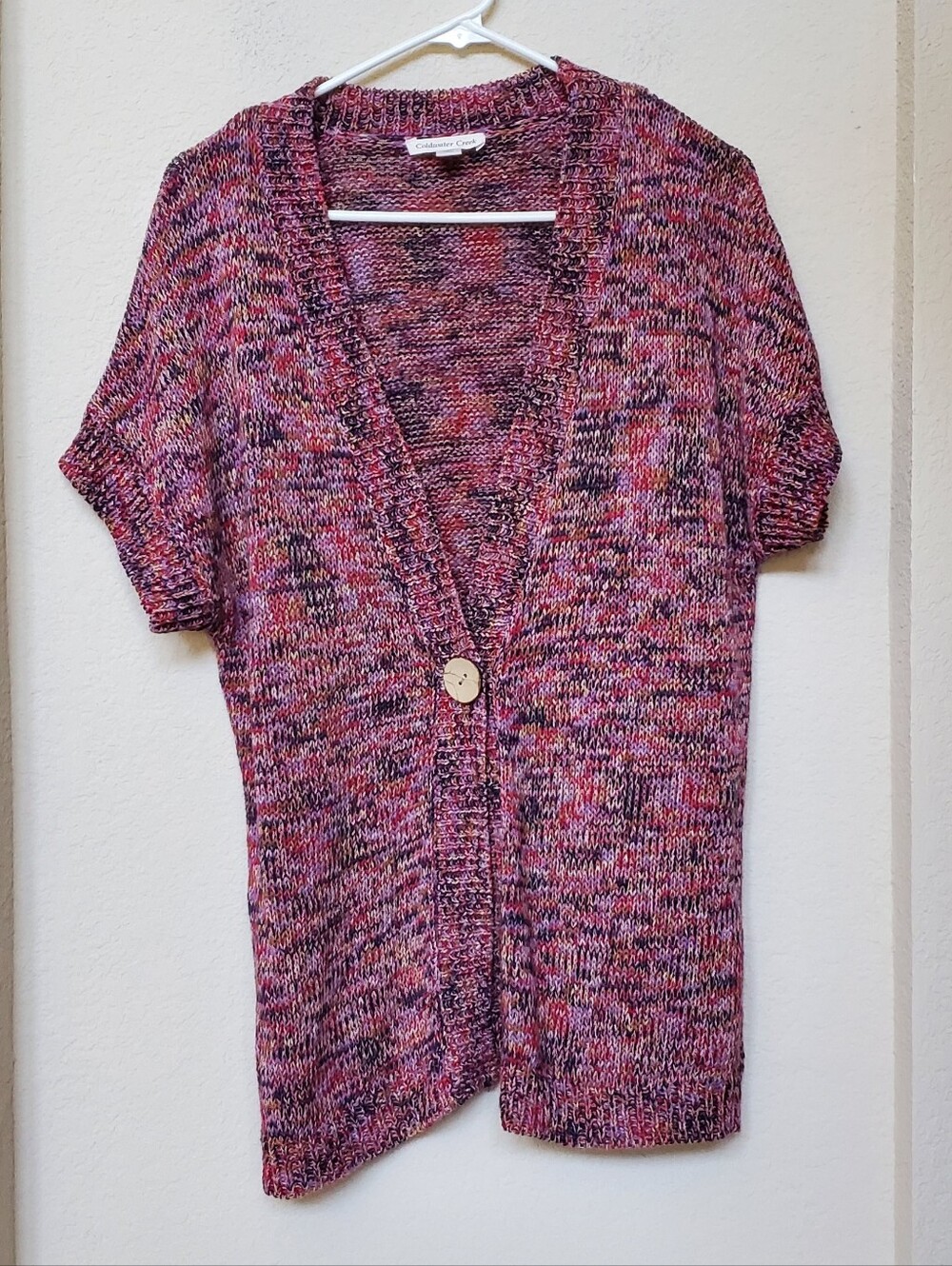 Coldwater Creek Pink Multi Short-Sleeve Knit One Button Cardigan.  Size Large